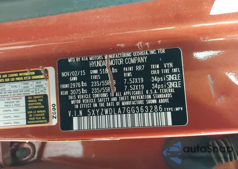 2016 Hyundai Santa Fe Sport 2.0L Turbo z USA, uszkodzony, nr VIN 5XYZWDLA7GG363286